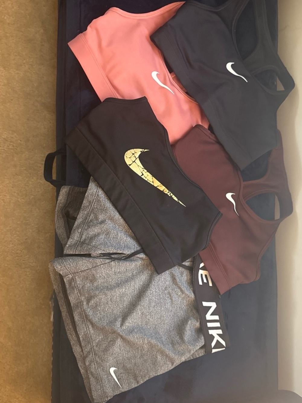 Nike Women's Mixed Sports Bra Set in Black, Pink, Brown Black n Gold swoosh